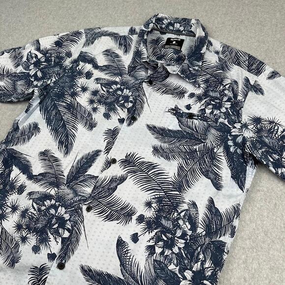 HURLEY Men's WHITE & BLUE Tropical Palms Short Sleeve Patio Shirt LARGE Hawaiian - Picture 2 of 11